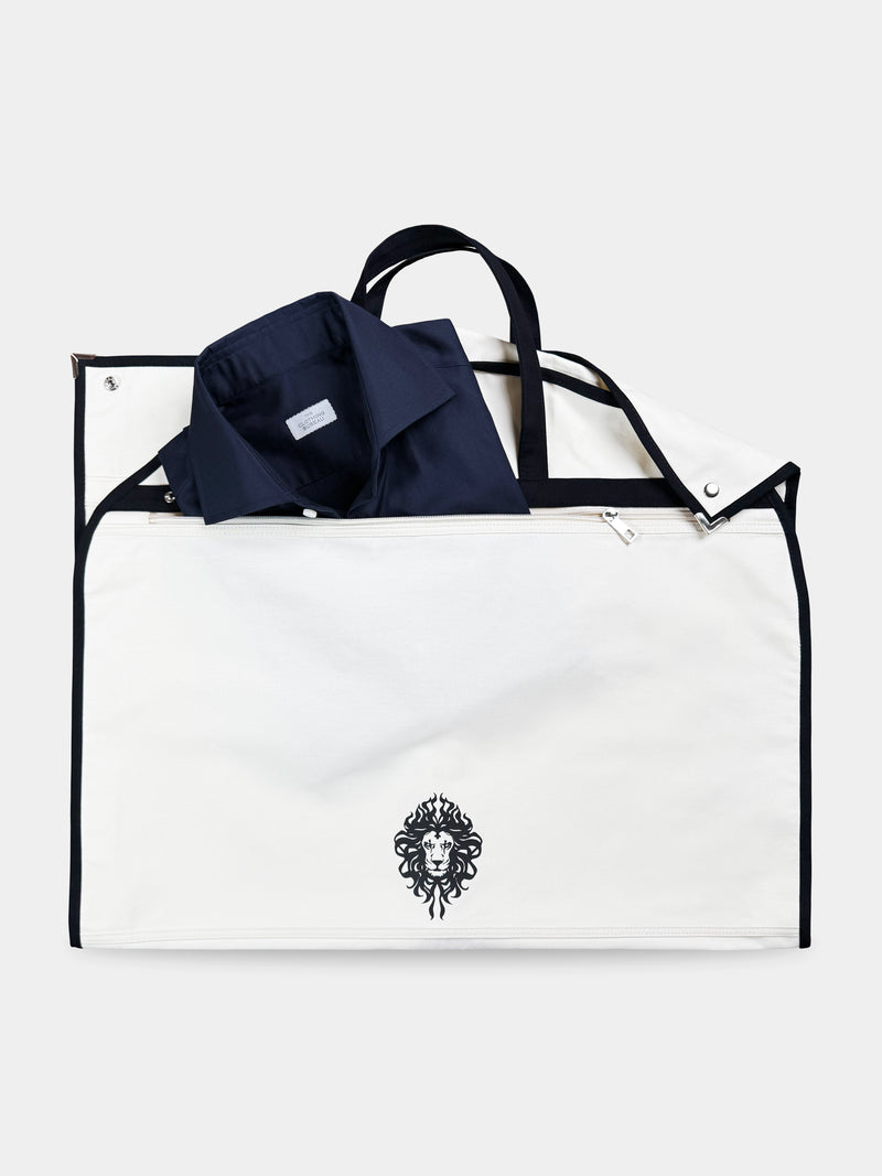 The Clothing Bureau garment bag with a folded shirt in the outer pocket