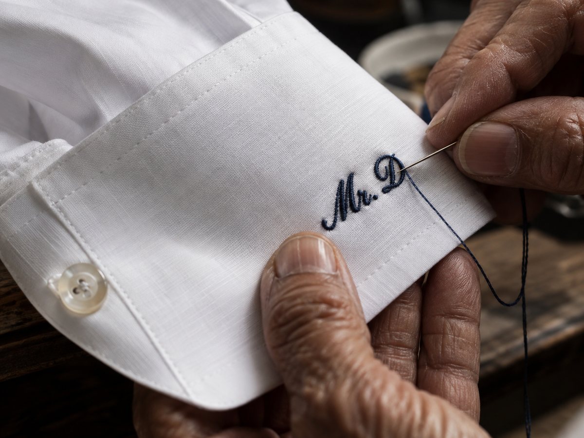 A monogram being embroidered by hand on a shirt cuff